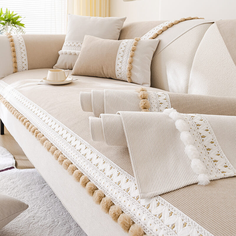 Cubierta de sofá de pana suave anti-scratch de pana suave impermeable para todas las estaciones con pompones
