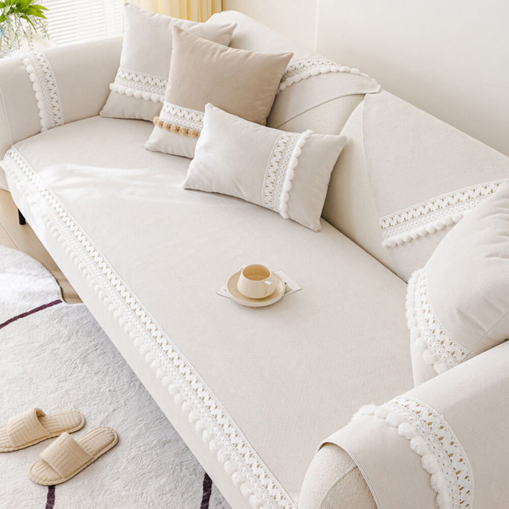 Cubierta de sofá de pana suave anti-scratch de pana suave impermeable para todas las estaciones con pompones