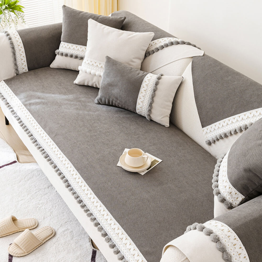 Cubierta de sofá de pana suave anti-scratch de pana suave impermeable para todas las estaciones con pompones