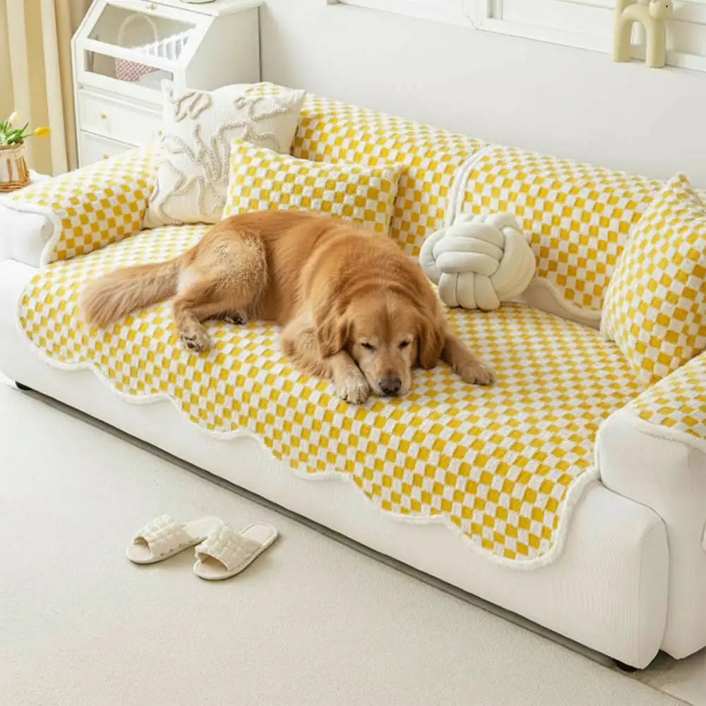 Classic Checkerboard Plush Comfortable Scratch-Resistant Non-Slip Couch Cover