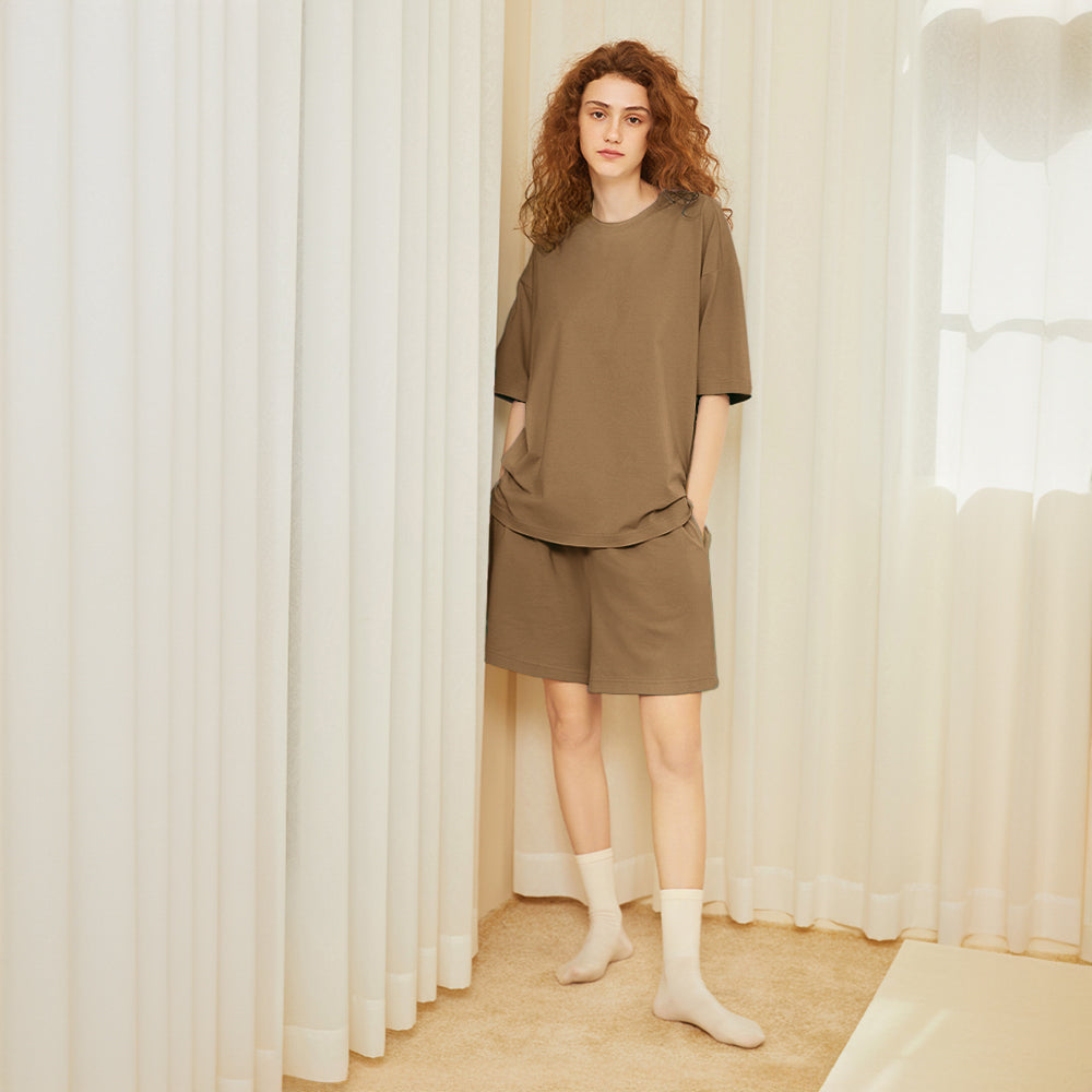 Ensemble de pyjama pour couples, respectueux de l'environnement, couleur Pure, résistant aux poils d'animaux, col ras du cou, manches courtes