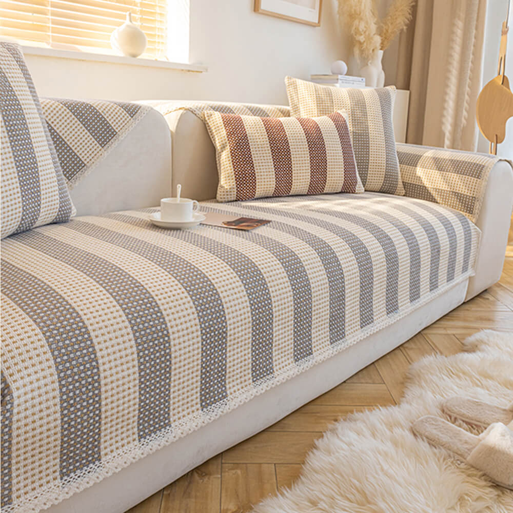 Housse de protection pour meubles anti-rayures en coton et lin à rayures