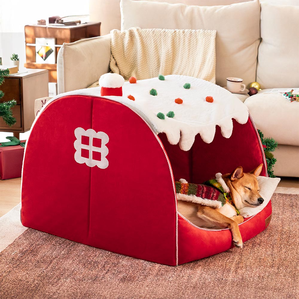 Cama de perros ortopédico festivo de la casa de nieve - Calidez de Navidad