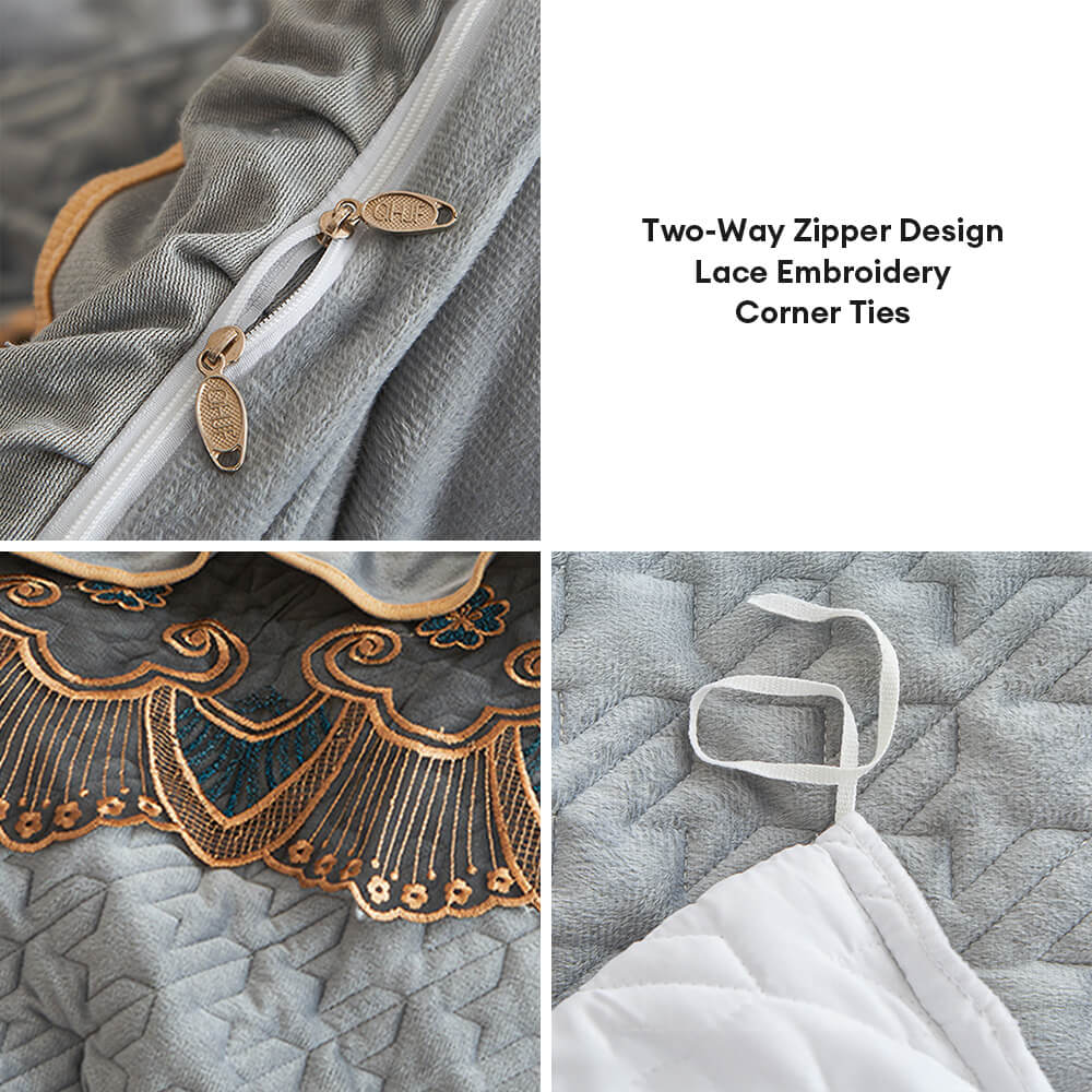 Luxueux ensemble de draps antidérapants brodés en velours cristal avec jupe de lit