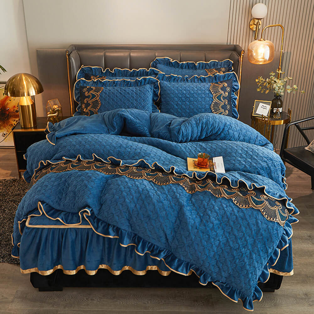 Luxueux ensemble de draps antidérapants brodés en velours cristal avec jupe de lit