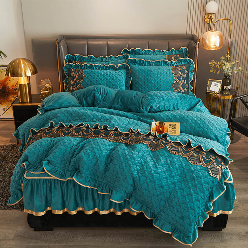 Luxueux ensemble de draps antidérapants brodés en velours cristal avec jupe de lit