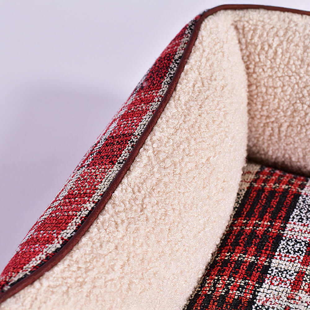 Lit carré pour chien et chat en cuir PU imitation sherpa à carreaux vintage