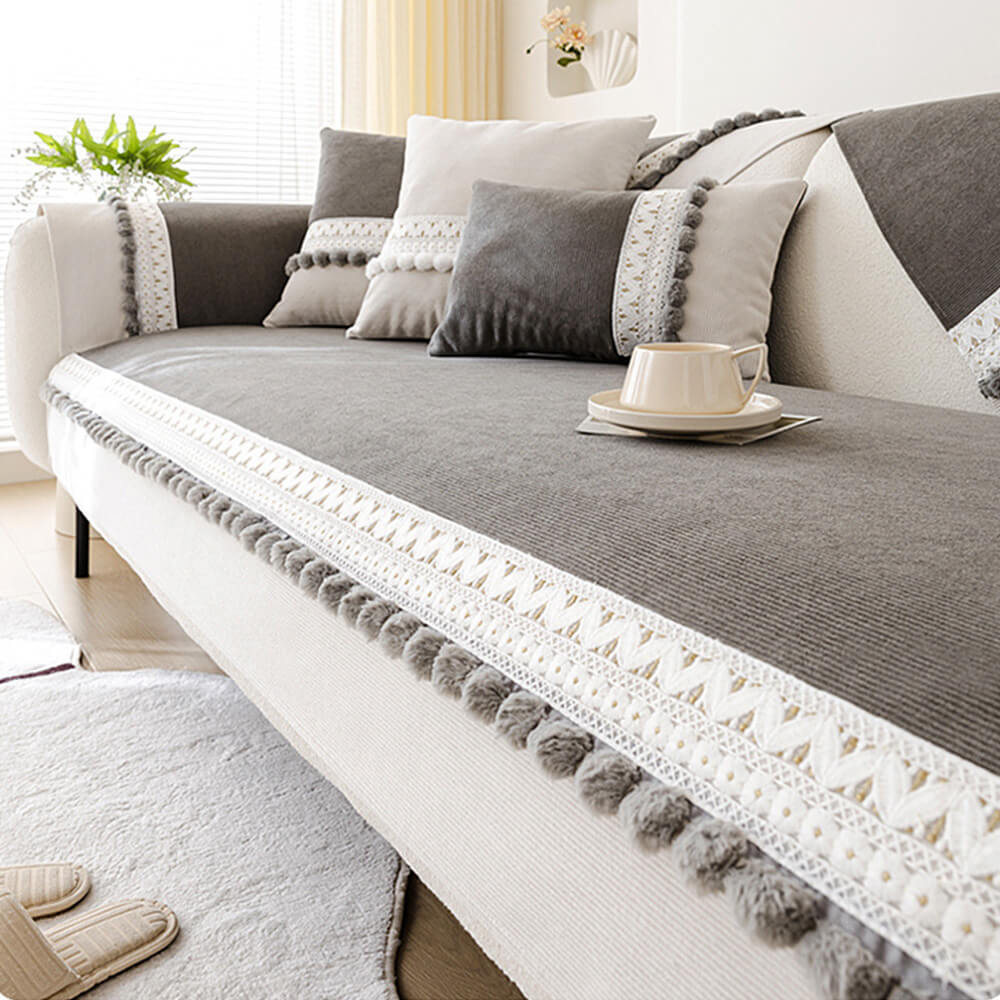 Cubierta de sofá de pana suave anti-scratch de pana suave impermeable para todas las estaciones con pompones