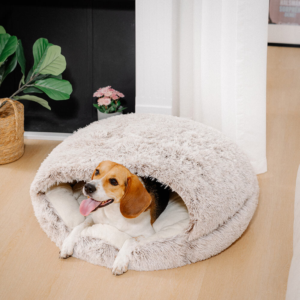 Cama pita calmante de pelúcia semi-fechada para animais de estimação para cães