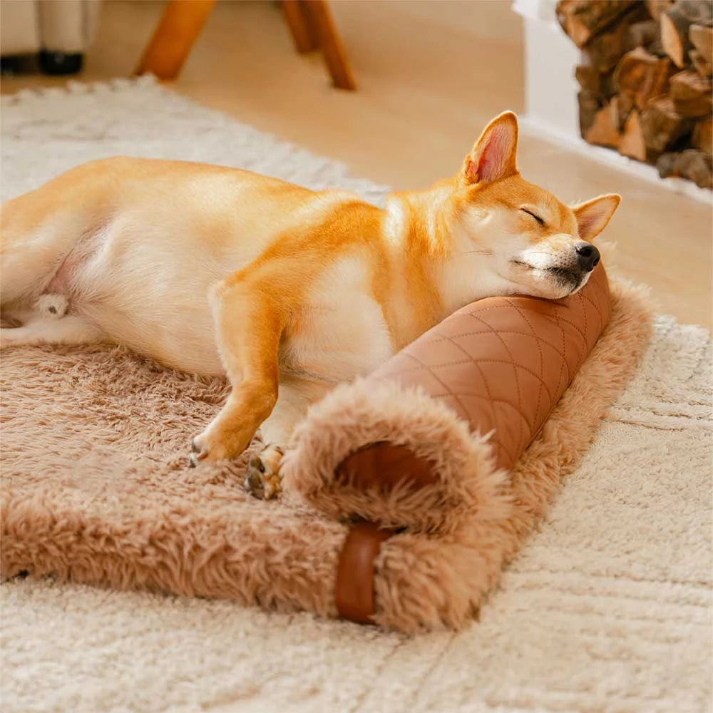 Cuero sinté de doble cara ＆ Matina de perro esponjada de lujos de lujo cálido con almohada