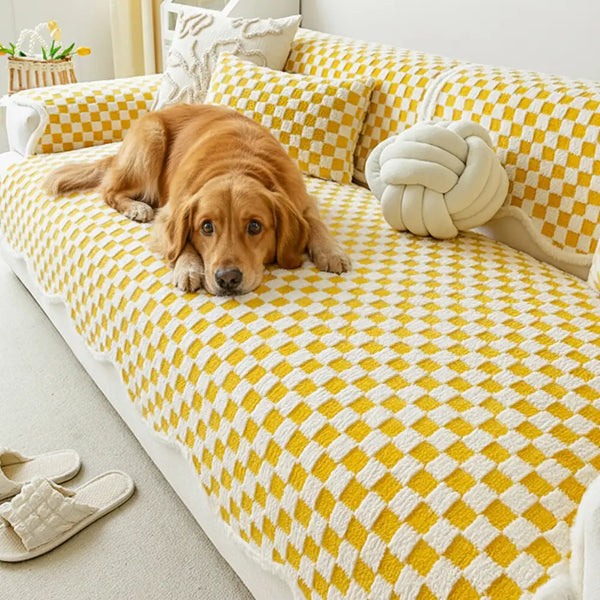 Classic Checkerboard Plush Comfortable Scratch-Resistant Non-Slip Couch Cover