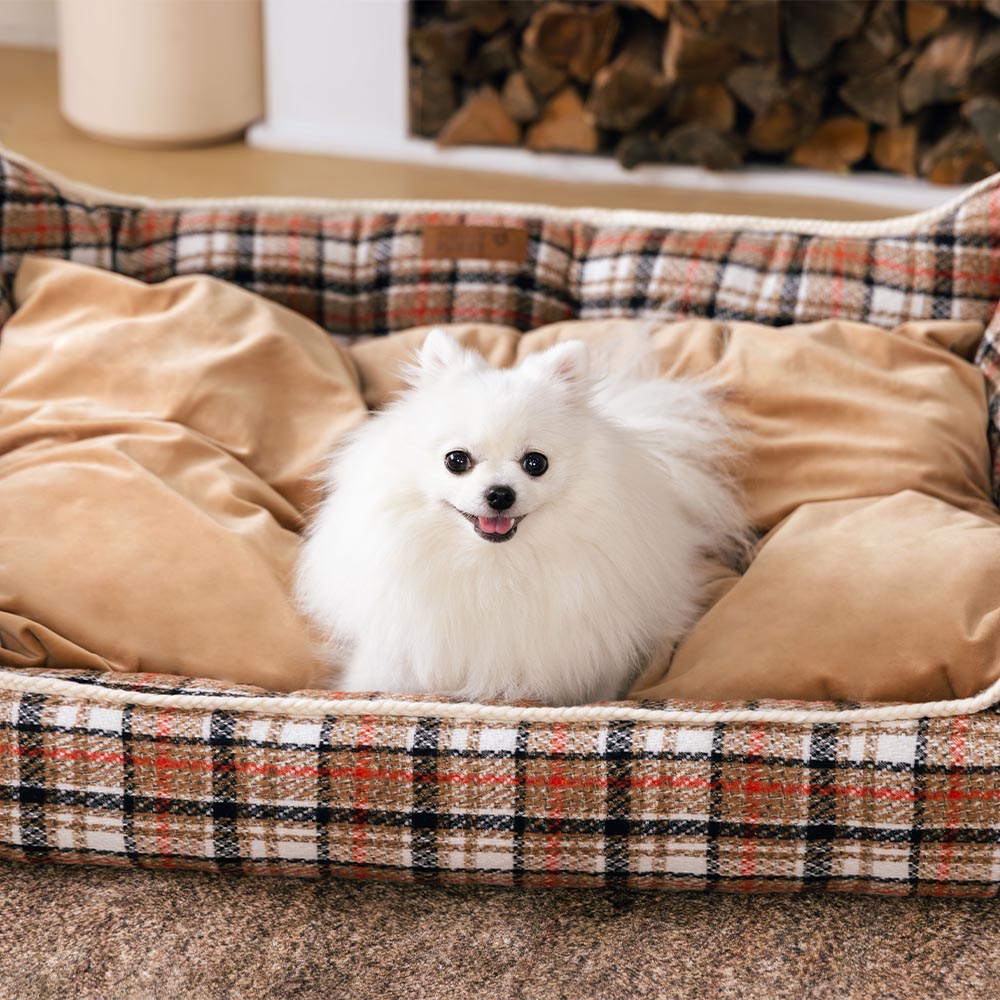 Bed de perro calmante de perros de refuerzo retro a cuadros clásico - Retiro nostálgico