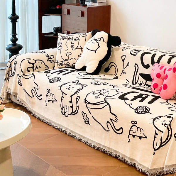 Cute Hand-Drawn Cat Pattern Reversible Chenille Throw Couch Cover