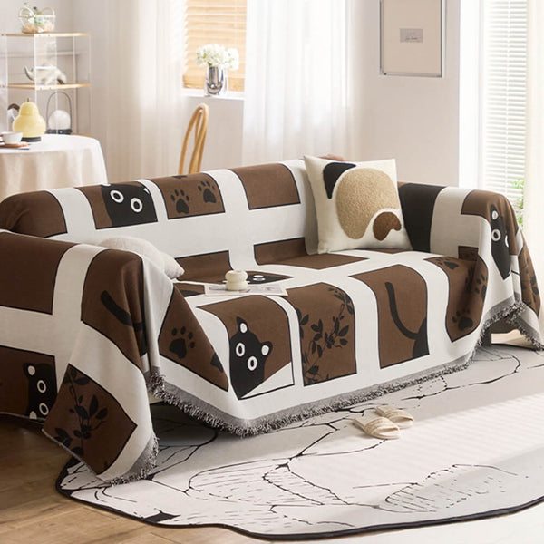 Cute Hand-Drawn Cat Pattern Reversible Chenille Throw Couch Cover