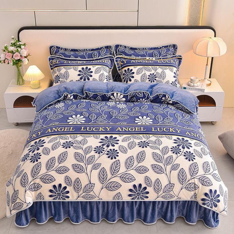 Elegancia floral Milk Velvet Bed Sheet juego con falda de cama