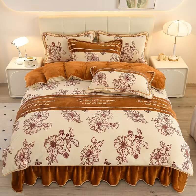 Elegancia floral Milk Velvet Bed Sheet juego con falda de cama