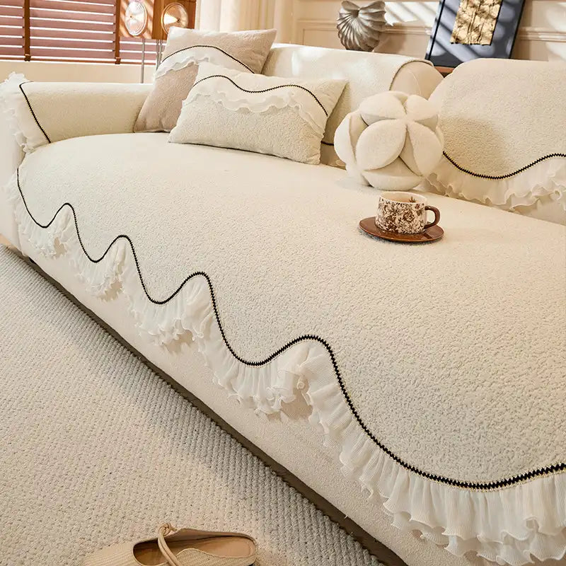 Elegant Soft Chenille Non-Slip Couch Cover with  Ruffled Skirt