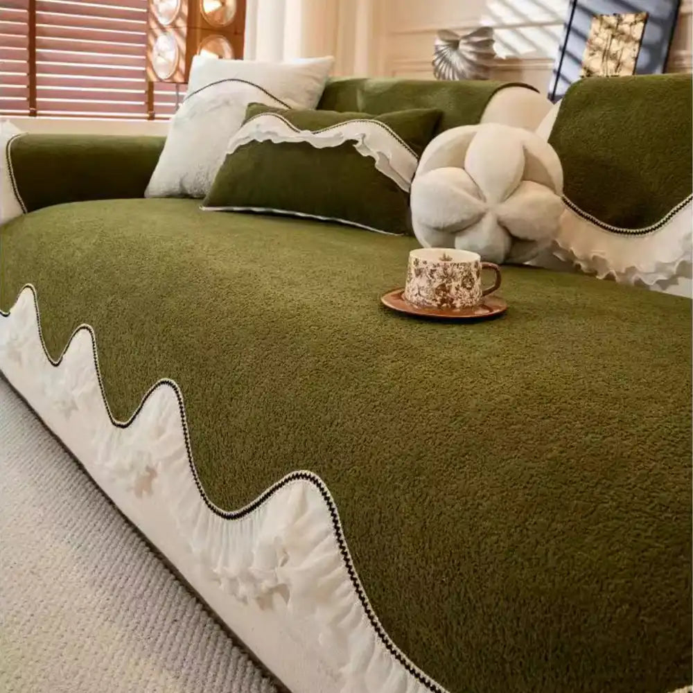 Elegant Soft Chenille Non-Slip Couch Cover with  Ruffled Skirt