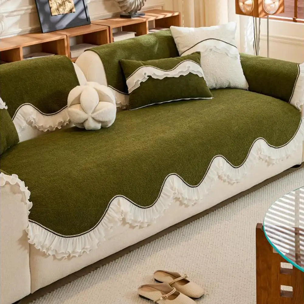 Elegant Soft Chenille Non-Slip Couch Cover with  Ruffled Skirt