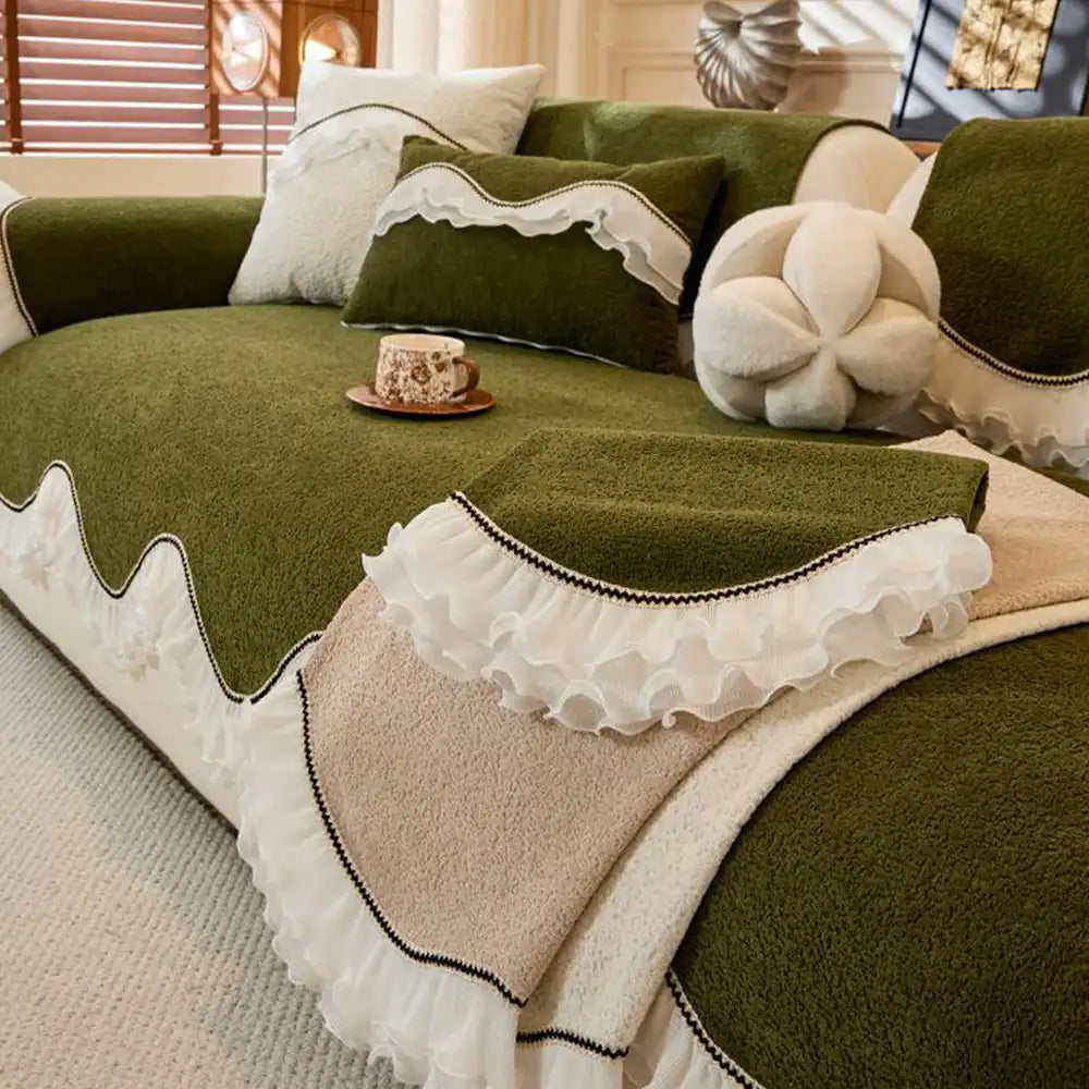 Elegant Soft Chenille Non-Slip Couch Cover with  Ruffled Skirt