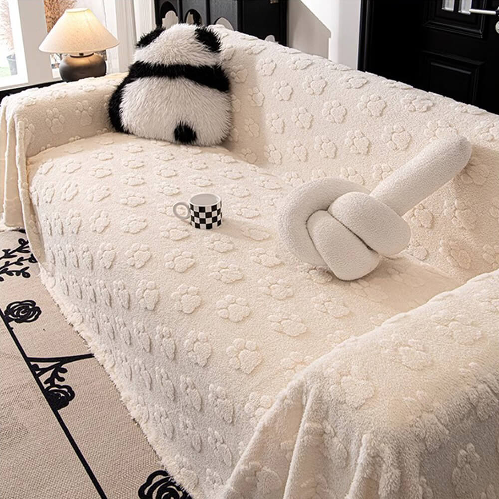 Plush Paw-Patterned Soft Sofa Protector Throw Couch Cover