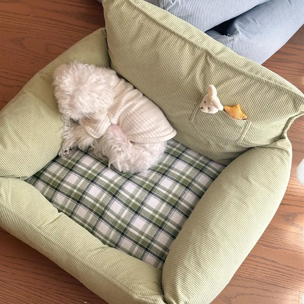 Rustic Corduroy Plaid Patchwork Dog Sofa Bed with Toy