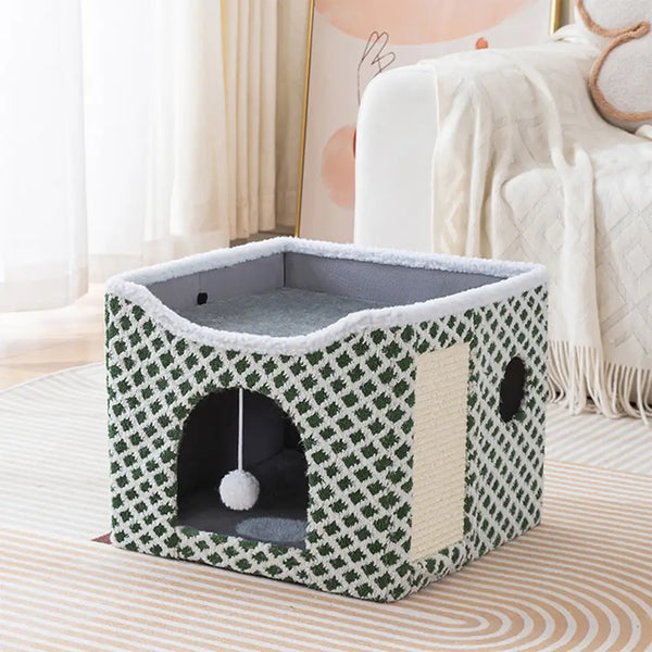 Soft Plush Foldable Dual-Level Cat House with Scratch Board