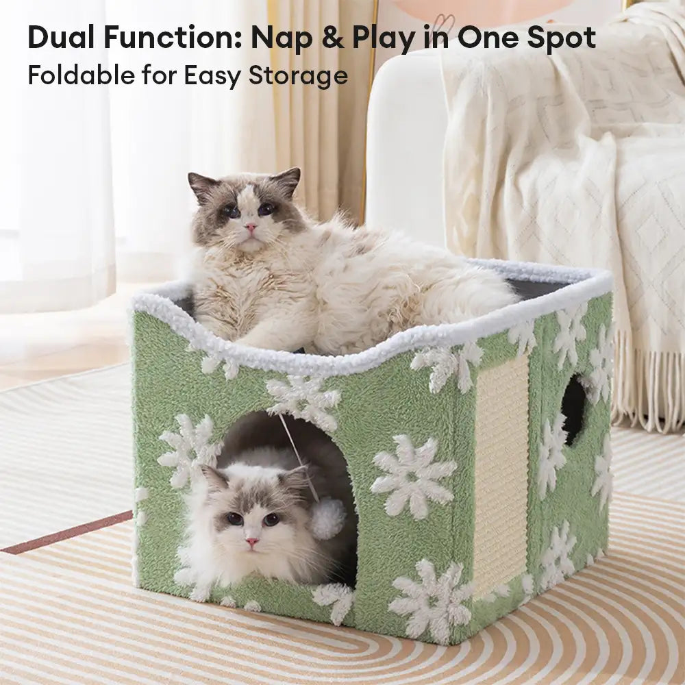 Soft Plush Foldable Dual-Level Cat House with Scratch Board