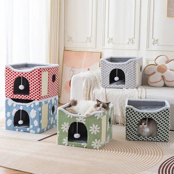 Soft Plush Foldable Dual-Level Cat House with Scratch Board