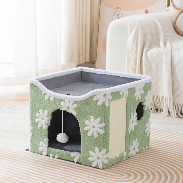 Soft Plush Foldable Dual-Level Cat House with Scratch Board