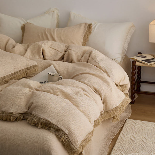 Solid Color Cotton Crinkled Gauze Duvet Cover Bed Sheet Set with Fringe Edges