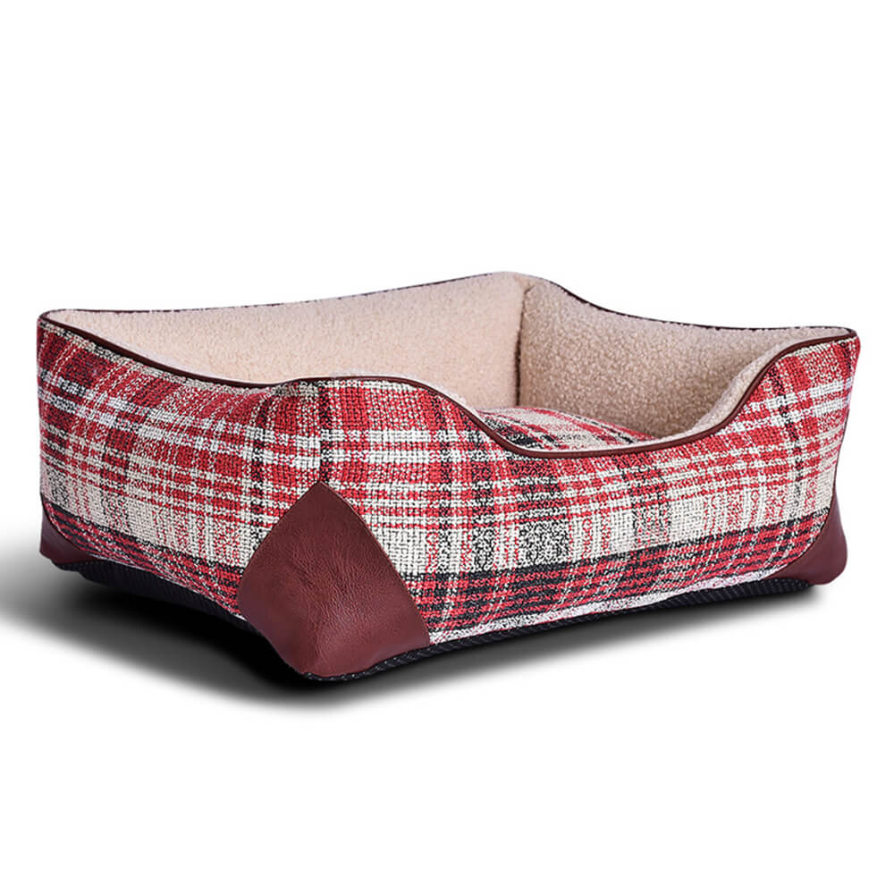 Lit carré pour chien et chat en cuir PU imitation sherpa à carreaux vintage