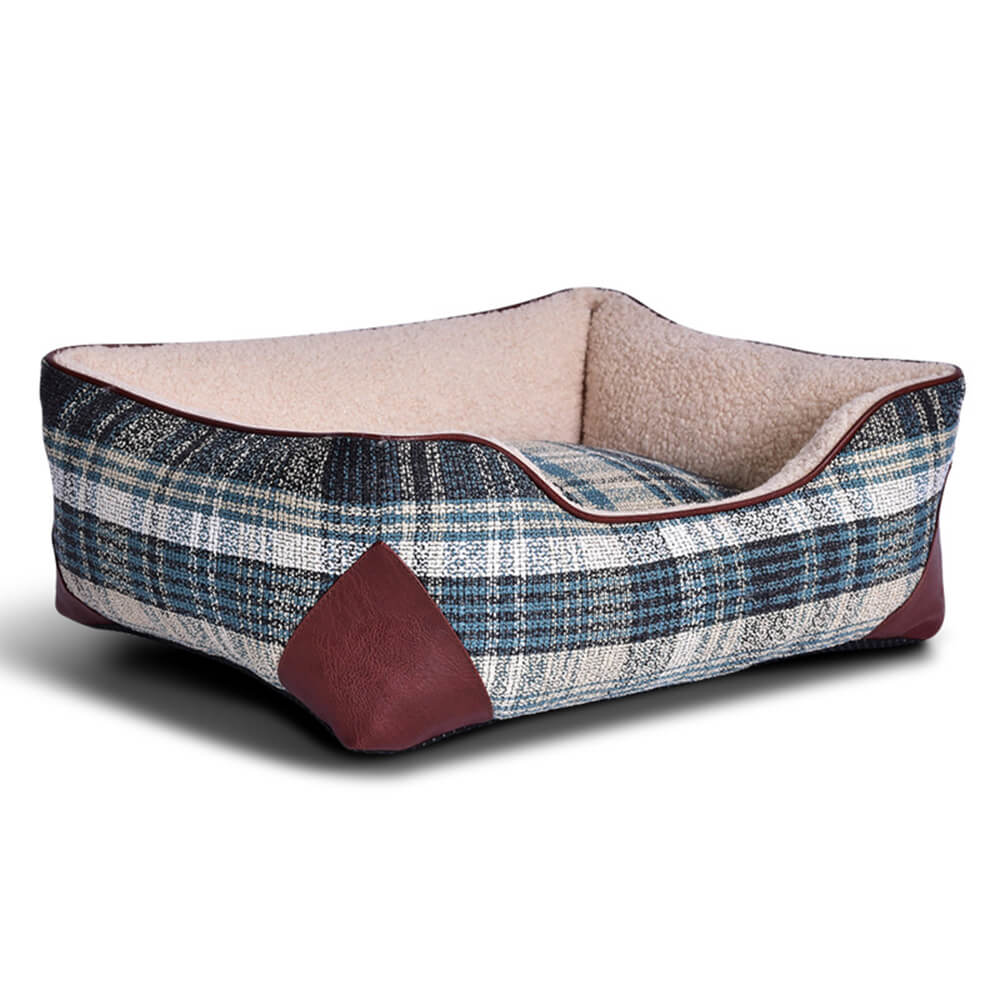 Lit carré pour chien et chat en cuir PU imitation sherpa à carreaux vintage