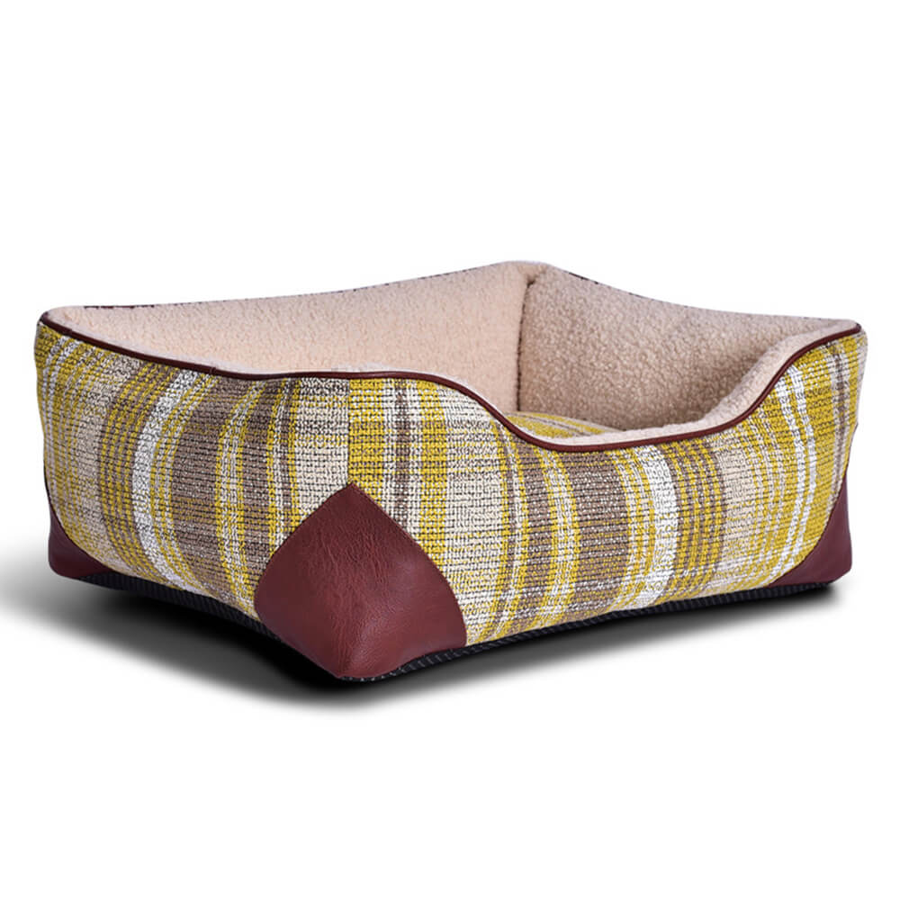 Lit carré pour chien et chat en cuir PU imitation sherpa à carreaux vintage