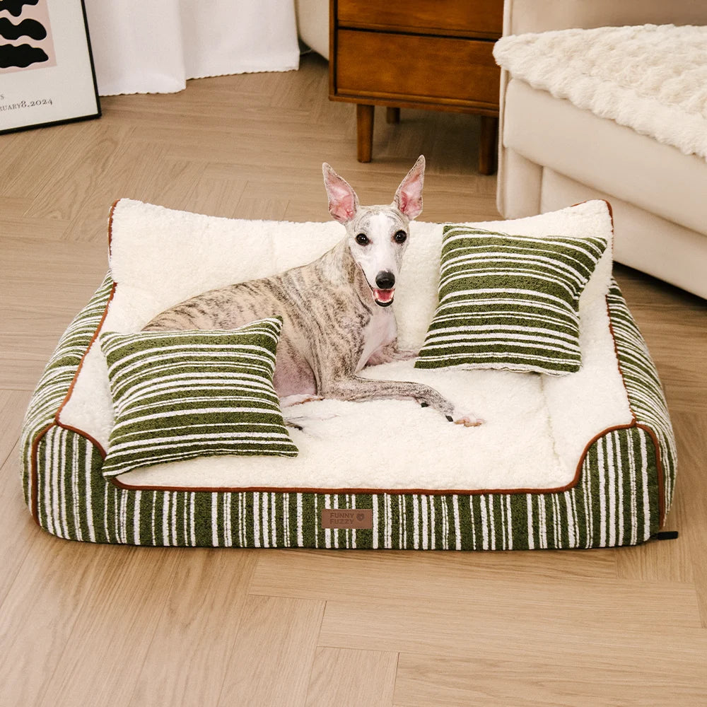 Plush Warm Stripe Orthopedic Dog & Cat Sofa Bed With Pillows- Grove Couch
