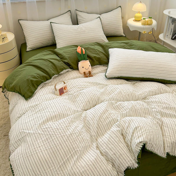 Striped Two-Tone Polyester Comfort Duvet Cover Bed Sheet Set